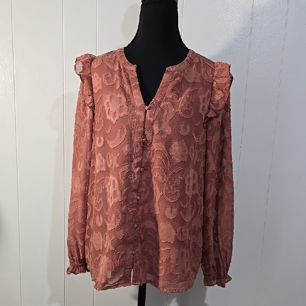 Promesa Mauve Mandarin Collar Long Sleeve Ruffled Blouse S